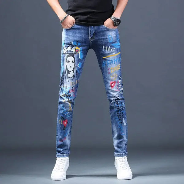 Slim Fit Korean Streetwear Graphical Printed Luxury Hip-Hop Stretch Denim Jeans for Men - Perfect Medium Wash Jeans Outfit